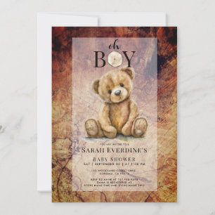 Invitation Oh Garçon Teddy Ours Rustique Baby shower de grain