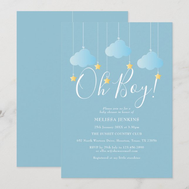 Invitation Oh Garçon Twinkle Twinkle Baby Shower / Sprinkle (Devant / Derrière)