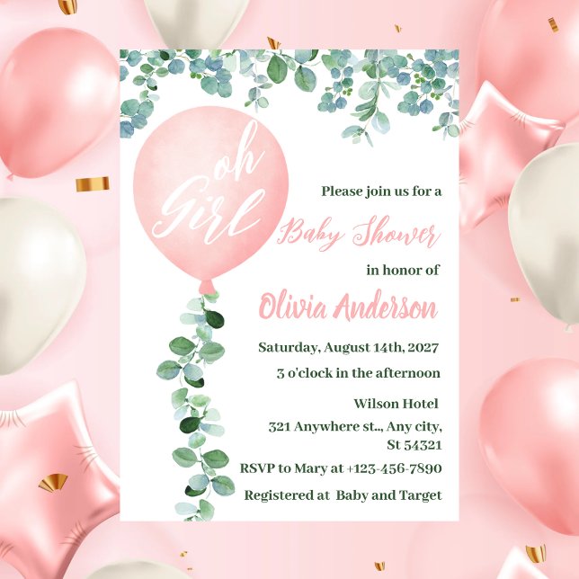 Invitation Oh Girl, Baby shower moderne rose balloon (Créateur téléchargé)
