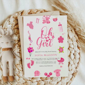 Invitation Oh Girl mignon Baby shower cadre rose