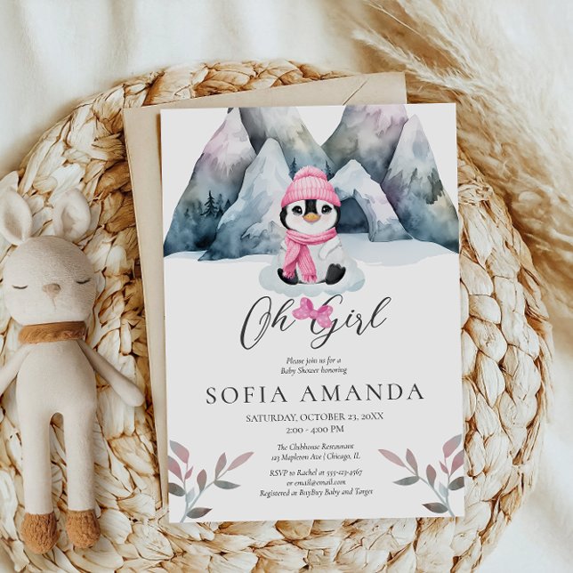 Invitation Oh Girl Pingouins rose Baby shower d'hiver (Créateur téléchargé)