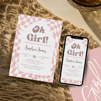 Invitation Oh Girl ! Rose à carreaux | Vichy | Baby shower