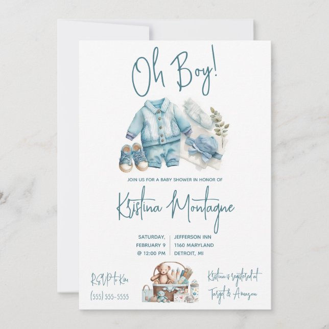 Invitation Oh mon Dieu ! Baby shower Bébé bleu Layette (Devant)