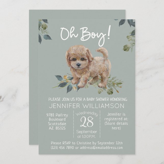 Invitation Oh mon Dieu ! Baby shower chien mignon Labradoodle (Devant / Derrière)