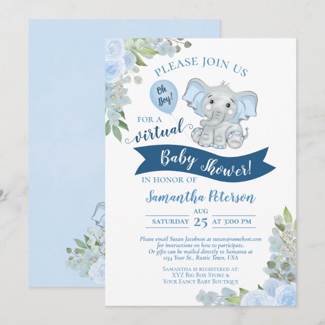 Invitation Oh mon Dieu ! Blue Elephant & Floral Baby shower v (Devant / Derrière)