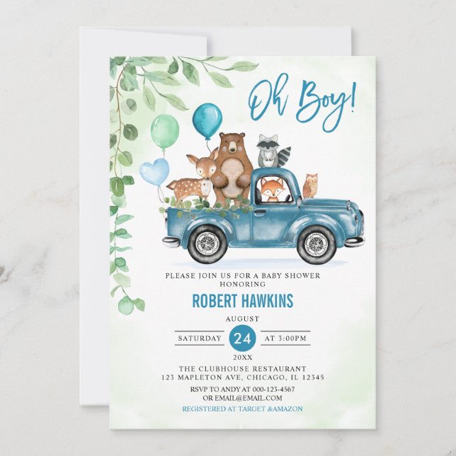 Invitation Oh mon Dieu ! Bois Animaux Baby shower de camion b (Devant)