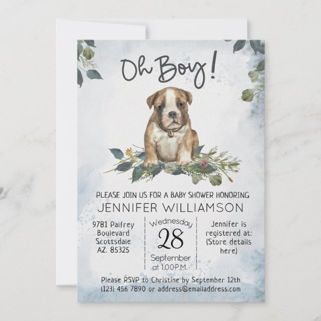 Invitation Oh mon Dieu ! Bulldog Chiot Aquarelle moderne bébé (Devant)