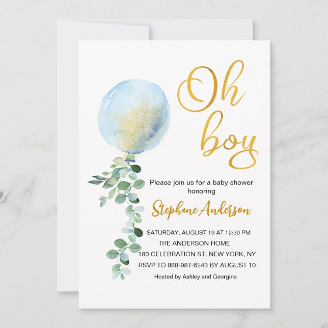 Invitation Oh mon garçon Bleu Bleu baby shower Eucalyptus (Devant)