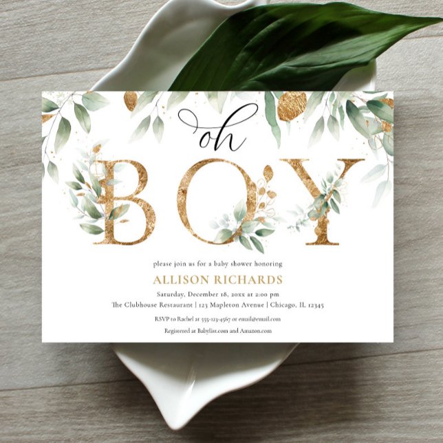 Invitation Oh mon garçon élégant baby shower d'or de verdure  (Créateur téléchargé)