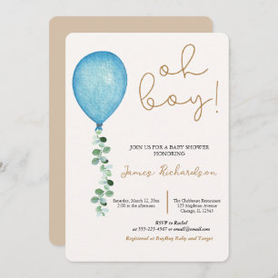 Invitation Oh niño beige moderne globos azules bebé