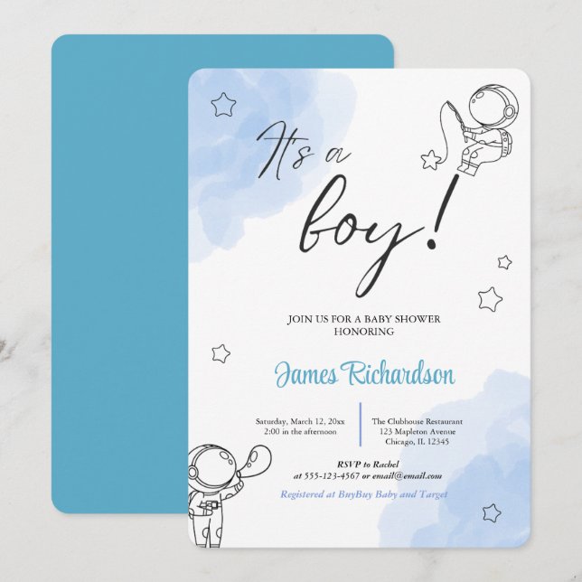 Invitation Oh niño eucaliptos modernos globos azules bebé (Devant / Derrière)