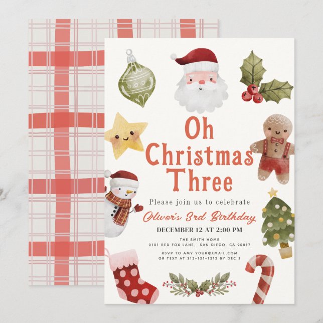 Invitation Oh Noël Trois Santa 3ème Anniversaire (Devant / Derrière)