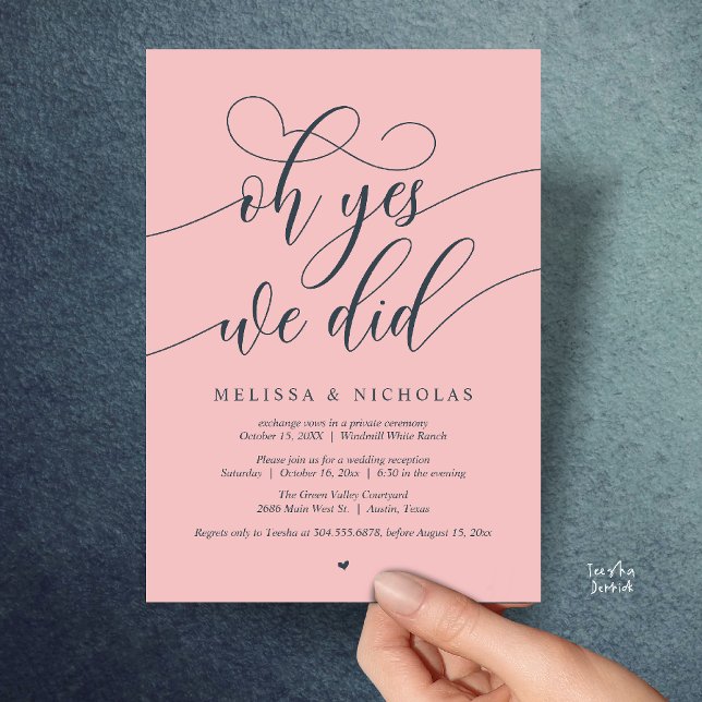 Invitation Oh oui nous l'avons fait Annonce de fuite moderne  (Oh Yes We Did Modern Creative Script Elopement Announcement Dinner Card in Blush and Charcoal Grey)