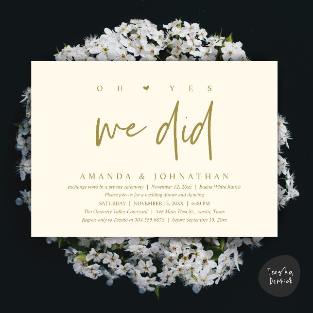 Invitation Oh oui, nous l'avons fait, dîner d'élopement de ma (Oh Yes, We Did, Modern Wedding Elopement Dinner Modern Clean Invitation Card PDF in Yellow Gold)