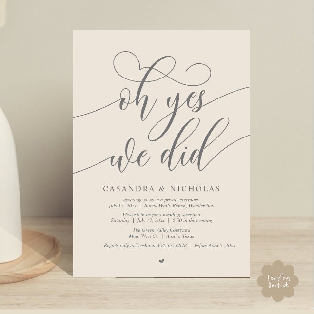 Invitation Oh Oui, Nous L'Avons Fait, Dîner Moderne Elopement (Oh Yes, We Did, Modern Romantic Modern Wedding Reception Invitation Card PDF Classy Cream Grey)