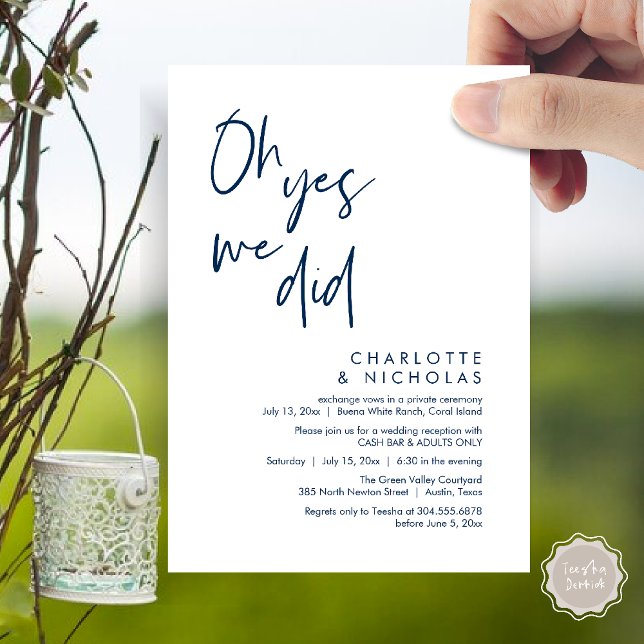Invitation Oh Oui, Nous L'Avons Fait, Mariage Dinner Party Ca (Oh Yes, We Did, Modern Wedding Elopement Reception Dinner Party Invites Card PDF Navy Blue)
