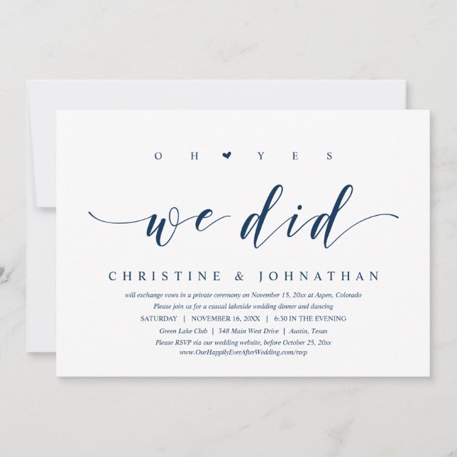 Invitation Oh Oui, Nous L'Avons Fait, Mariage Elopement Dinne (Devant)