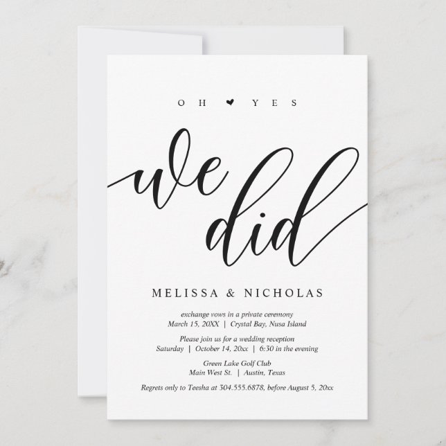 Invitation Oh oui, nous l'avons fait, Noir, Mariage Elopement (Devant)