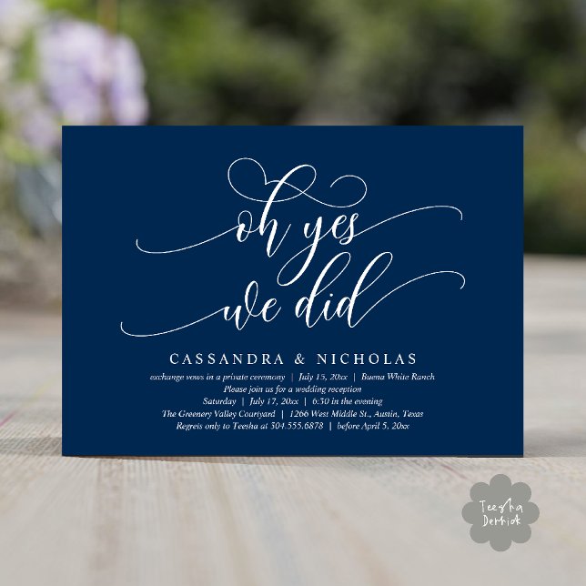 Invitation Oh Oui, Nous L'Avons Fait, Réception De Mariage Ro (Oh Yes, We Did, Modern Romantic Modern Wedding Reception Invitation Card PDF Classy Navy Blue)