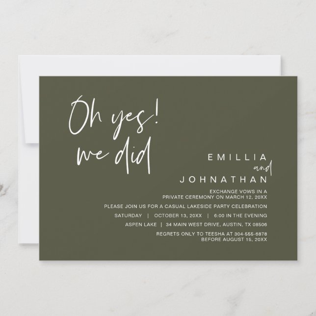 Invitation Oh Oui, On L'A Fait, Dîner Mariage Elopement (Devant)