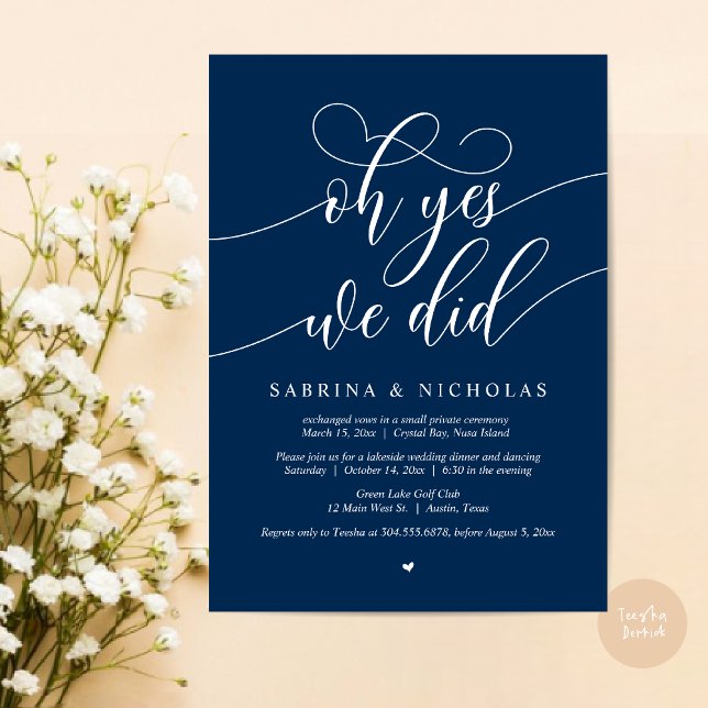 Invitation Oh Oui, On L'A Fait, Dîner Mariage Elopement (Oh Yes, We Did, Wedding Elopement Dinner Brunch Lunch Party Invites Card, PDF, Navy Blue)