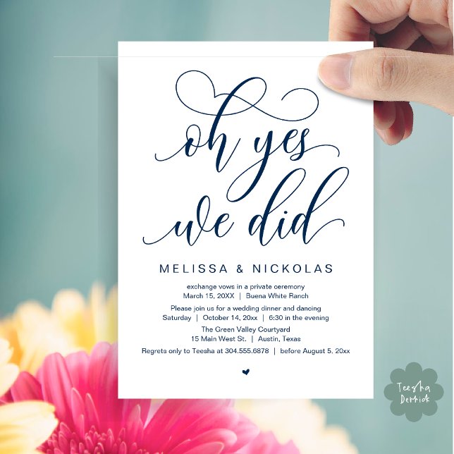 Invitation Oh Oui, On L'A Fait, Parti De L'Élévation Du Maria (Oh Yes, We Did, Romantic Modern Script Wedding Elopement Party Invitation Card PDF Navy Blue)