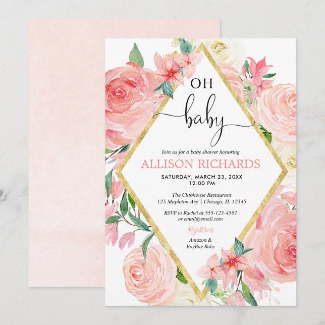 Invitation Oh, petite fille dorée rose rousse baby shower (Devant / Derrière)