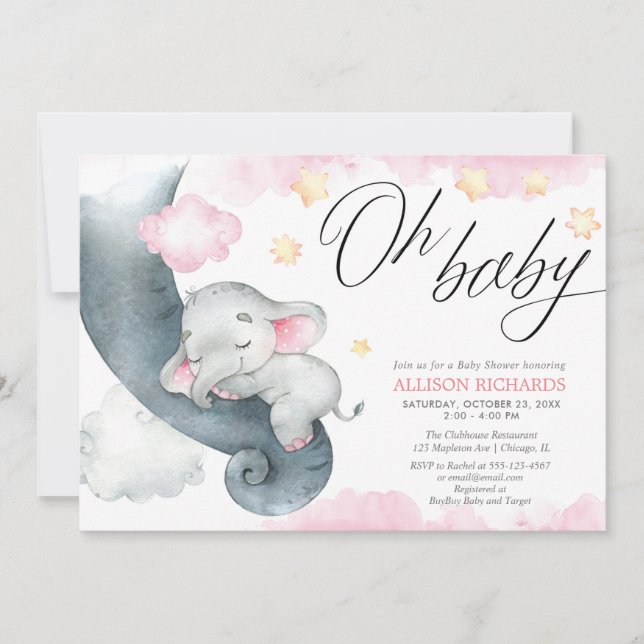 Invitation Oh petite fille éléphant rose jaune baby shower (Devant)