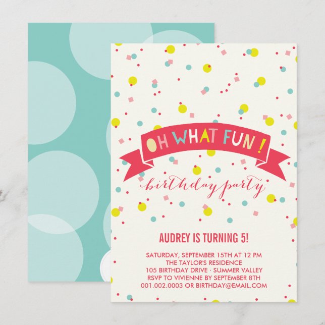 Invitation Oh Quel Amusant Confetti Anniversaire de enfant In (Devant / Derrière)