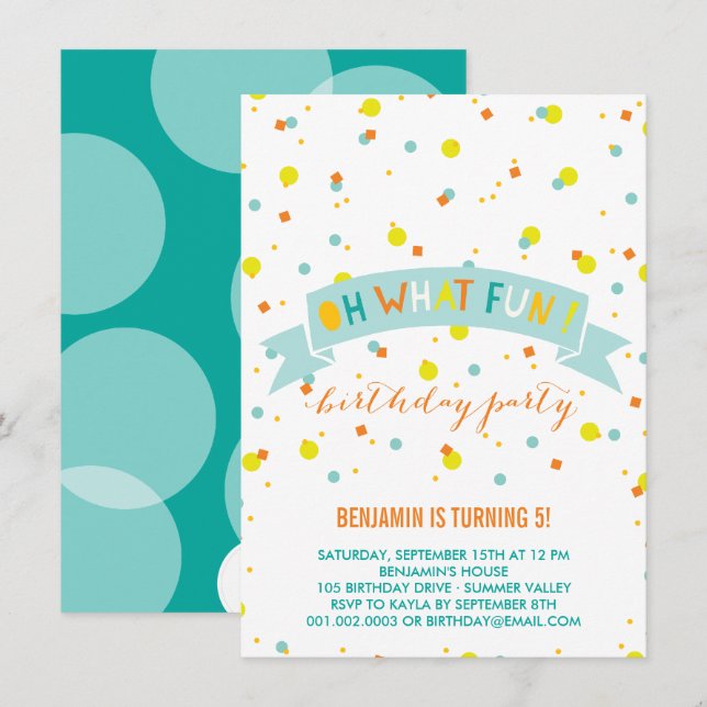 Invitation Oh Quel Amusant Confetti Anniversaire de enfant In (Devant / Derrière)