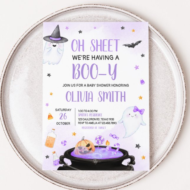 Invitation Oh Sheet Boo-y Baby shower d'Halloween (Purple Oh Sheet Boo-y Ghoul Baby Shower Invitation
)