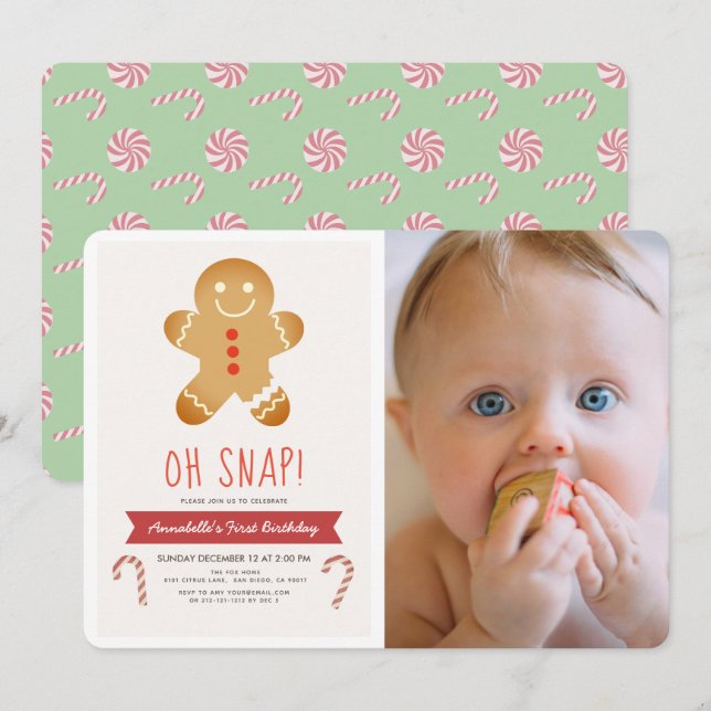 Invitation Oh Snap Gingerbread Homme Enfants Photo Anniversai (Devant / Derrière)