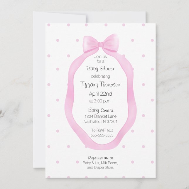 Invitation Oh So mignet Pois de ruban de Bow rose et blanc (Devant)