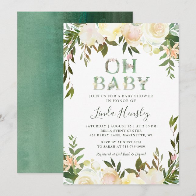 Invitation Oh Typographie Baby shower Flore Vert Blanc (Devant / Derrière)