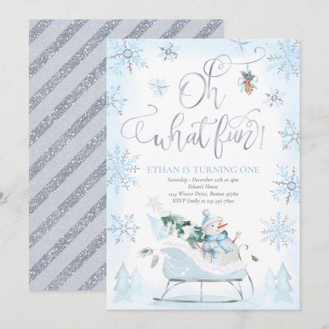 Invitation Oh What Fun Blue & Silver Winter Sleigh Anniversai (Devant / Derrière)