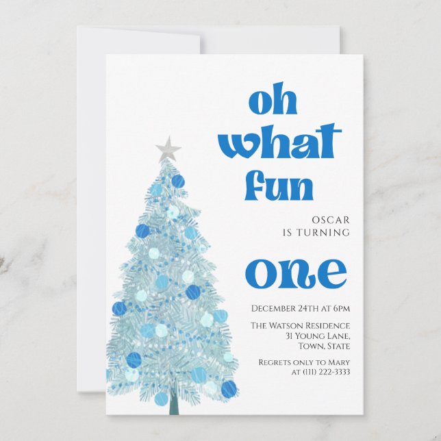 Invitation Oh what fun Blue tree christmas Boy birthday  (Devant)
