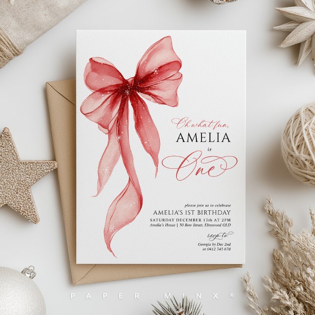 Invitation Oh What Fun Christmas 1st Birthday Party Girl (Girls Christmas themed 1st birthday invitation with red bow. )