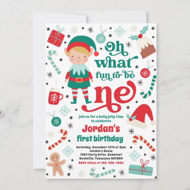 Invitation Oh What Fun Elf Noël 1er Anniversaire fête (Devant)