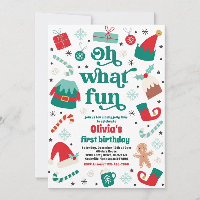 Invitation Oh What Fun Elf Noël fête d'anniversaire (Devant)