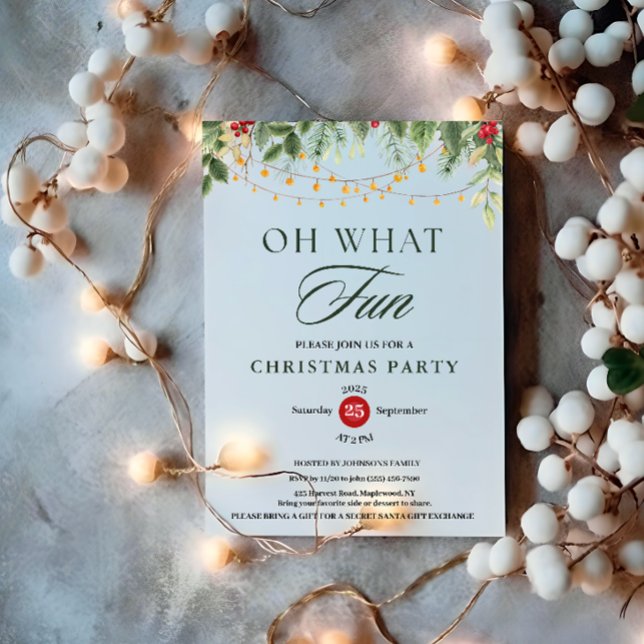 Invitation Oh What Fun Greenery String Light Christmas Party (Oh What Fun Greenery String Light Christmas Party Invitation holiday holly berries botanical branch )
