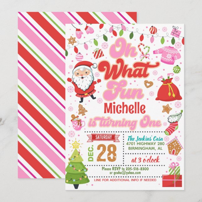Invitation Oh What Fun Noël 1er anniversaire (Fille) (Devant / Derrière)