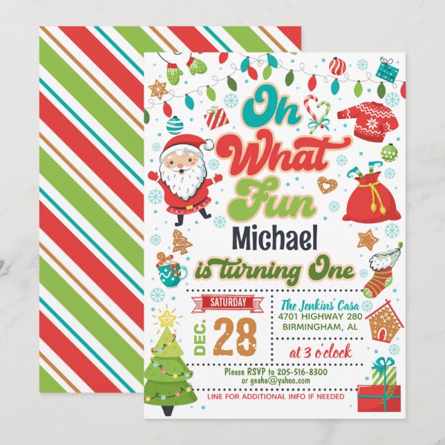 Invitation Oh What Fun Noël 1er anniversaire (Garçon) (Devant / Derrière)