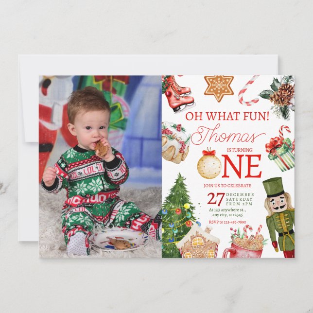Invitation Oh What Fun Noël Hiver Premier Anniversaire (Devant)
