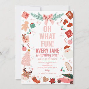 Invitation Oh What Fun Pink Noël Hiver 1er anniversaire