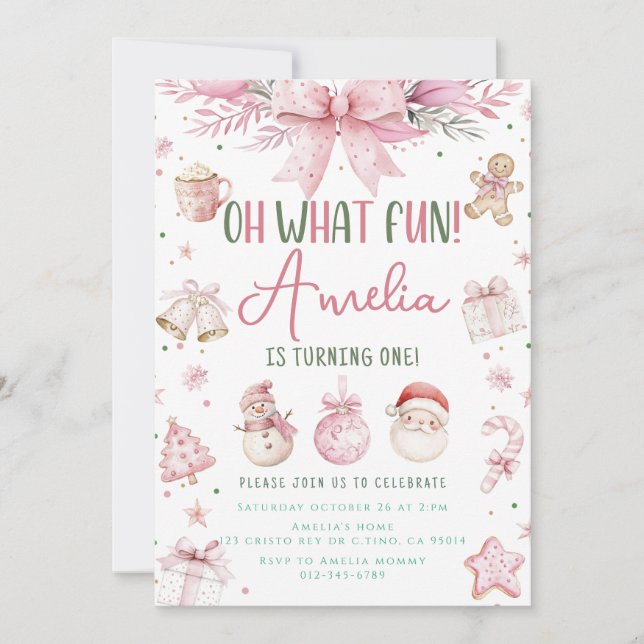 Invitation Oh What Fun Pink Noël hiver Premier anniversaire (Devant)