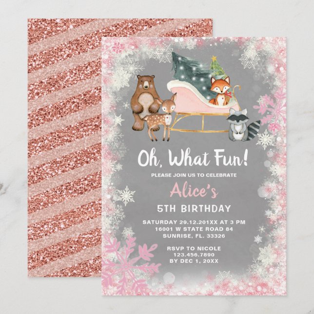 Invitation Oh What Fun Pink Sleigh boisé animal Anniversaire (Devant / Derrière)