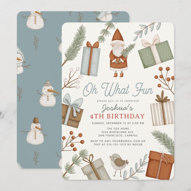 Invitation Oh What Fun Santa Claus Holiday Boy Anniversaire (Devant / Derrière)