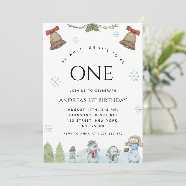 Invitation Oh What Fun Snowman Noël 1er anniversaire fête (Debout devant)