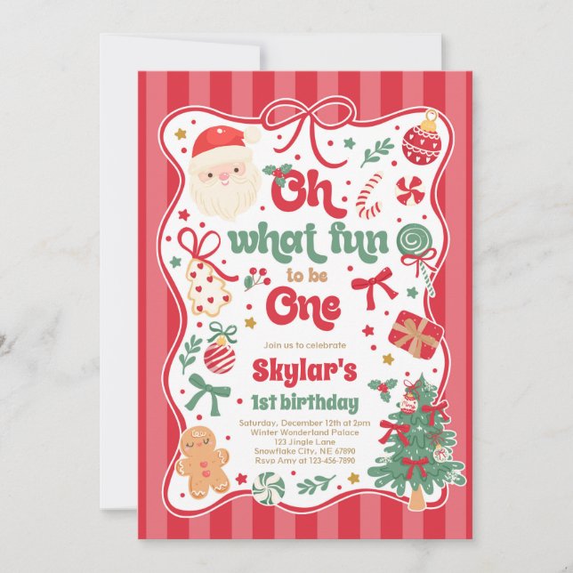 Invitation Oh What Fun To Be One Christmas Bow 1st Birthday (Devant)