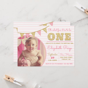 Invitation Oh What Fun to be ONE Pink & Gold First Birday